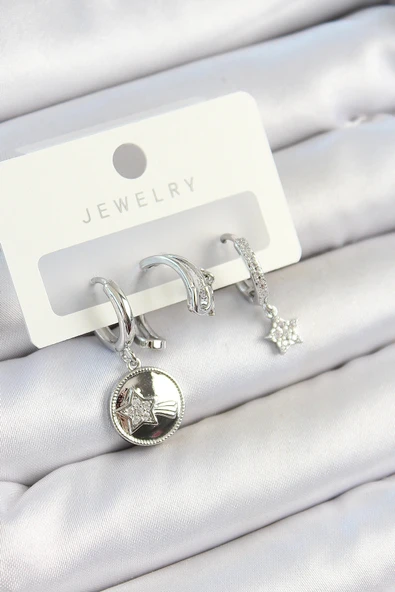 Pirinç Zirkon Taşlı Sallantılı Yıldız Model Gümüş Renk 3'lü Çift Kadın Küpe Set ürün görseli