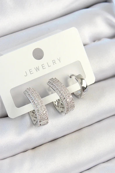 Pirinç Zirkon Taşlı Damla Model Gümüş Renk 3'lü Çift Kadın Küpe Set ürün görseli