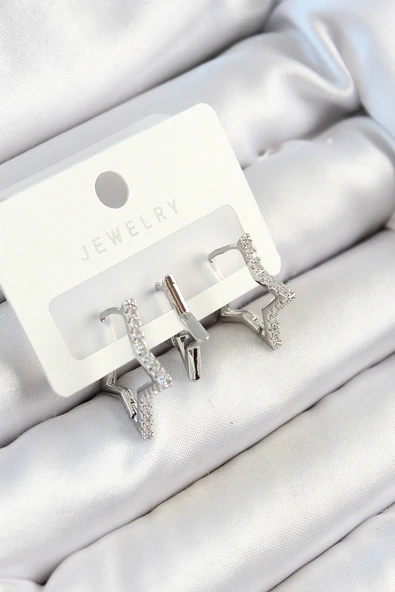 Pirinç Zirkon Taşlı Yıldız Model Gümüş Renk 3'lü Çift Kadın Küpe Set ürün görseli