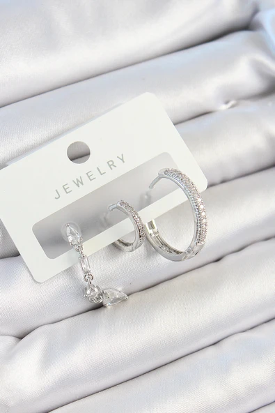 Pirinç Zirkon Taşlı Sallantılı Model Gümüş Renk 3'lü Çift Kadın Küpe Set ürün görseli