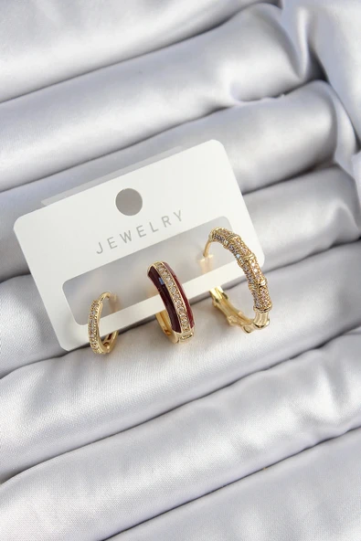 Pirinç Zirkon Taşlı Bordo Halka Model Gold Renk 3'lü Çift Kadın Küpe Set ürün görseli