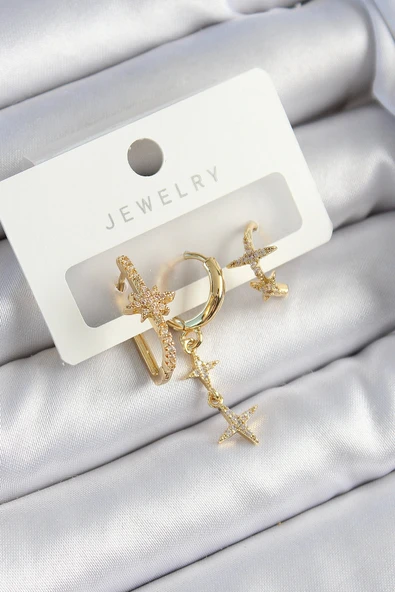 Pirinç Zirkon Taşlı Yıldız Model Gold Renk 3'lü Çift Kadın Küpe Set ürün görseli