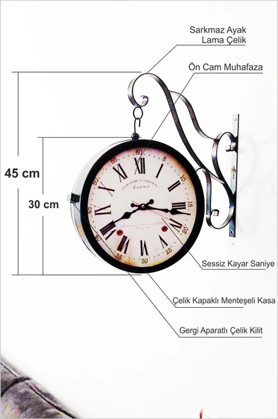 Büyük 45cm Sessiz Yuvarlak Çelik Çift Taraflı Caml Dikey Duran İki Yönlü İstasyon Saat Station Clock - Resim 3
