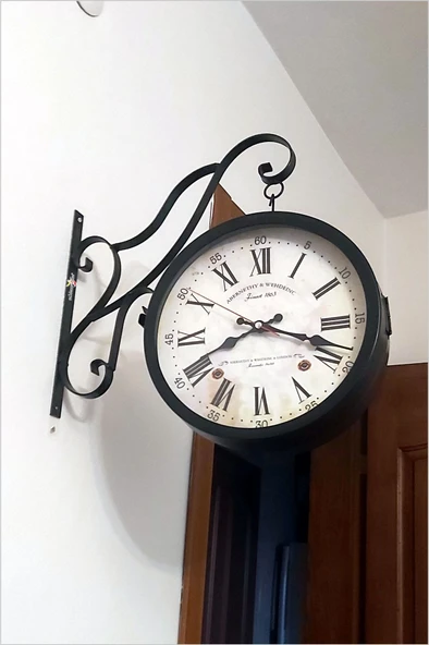 Büyük 45cm Sessiz Yuvarlak Çelik Çift Taraflı Caml Dikey Duran İki Yönlü İstasyon Saat Station Clock - Resim 2