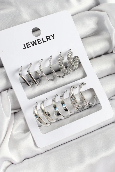 Pirinç Karışık Halka Model Gümüş Renk 6 Çift Kadın Küpe Set ürün görseli