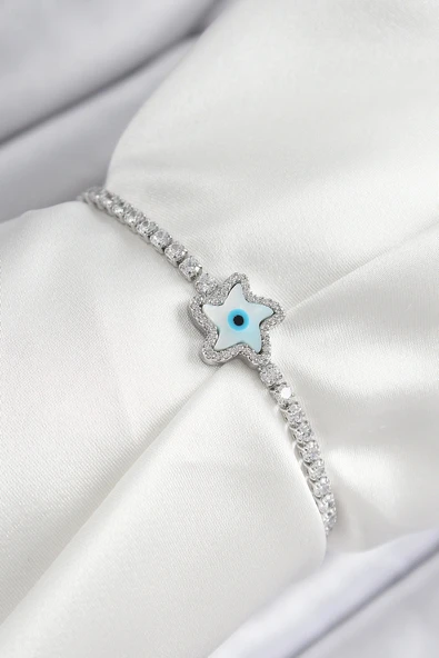 Pirinç Zirkon Taşlı Nazar Yıldız Model Gümüş Renk Asansörlü Kadın Bileklik ürün görseli