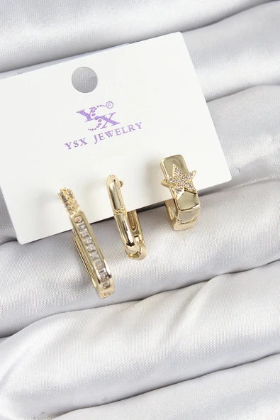 Pirinç Zİrkon Taşlı Yıldız Model Gold Renk 3'lü Kadın Küpe ürün görseli