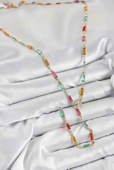 Pirinç Renkli Zirkon Taşlı Dikdörtgen Model Gold Renk Kadın Y Kolye - Resim 2