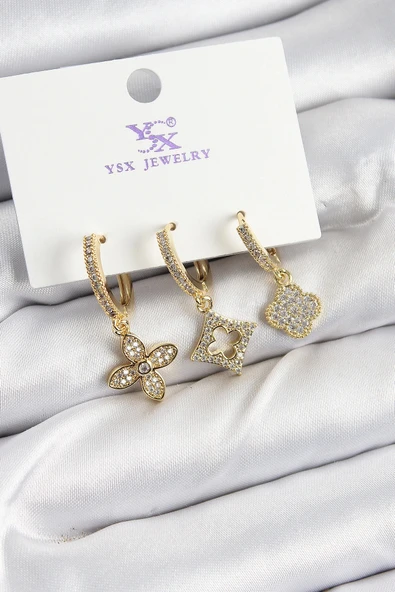 Pirinç Zİrkon Taşlı Yonca Model Gold Renk 3'lü Kadın Küpe ürün görseli