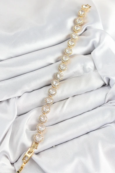 Pirinç Zirkon Taşlı Daire Baget Model Gold Renk VIP Seri Kadın Bileklik - 2