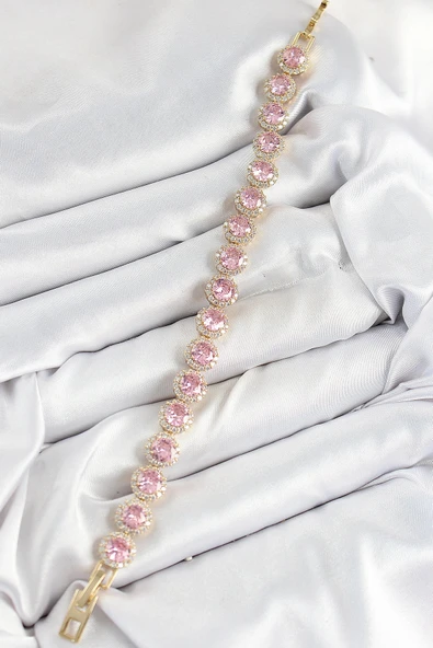 Pirinç Pembe Zirkon Taşlı Daire Baget Model Gold Renk VIP Seri Kadın Bileklik - 2