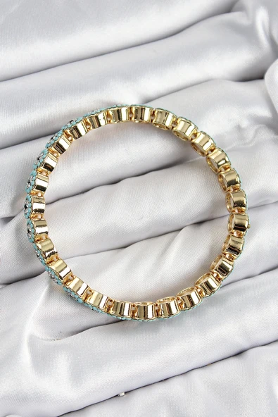 Pirinç Zirkon Taşlı Turkuaz Nazar Model Gold Renk Lastikli Kadın Bileklik - 2