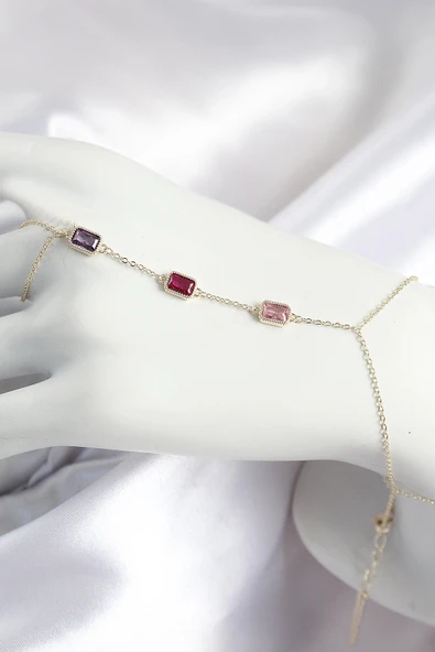 Pirinç Renkli Zirkon Taşlı Dikdörtgen Model Gold Renk Kadın Şahmeran ürün görseli