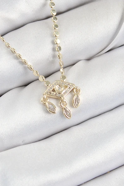 Pirinç Zirkon Taşlı Sallantılı Göz Model Ezme Zincir Gold Renk Kadın Kolye ürün görseli