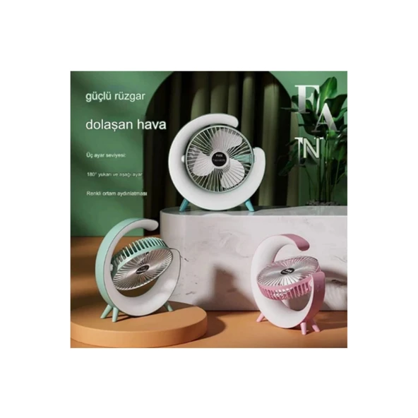 Masaüstü Vantilatör Usb Şarjlı Rgb Led Işıklı 3 Kademeli 180° Ayarlanabilir Soğutucu Fan Pembe - 6