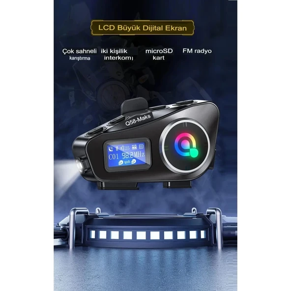 Q58-max Radyolu 2 Kişi Bağlantılı Bluetooth Kask Kulaklık Ekranlı Fenerli Müzik Ve Telsiz Intercom - 6