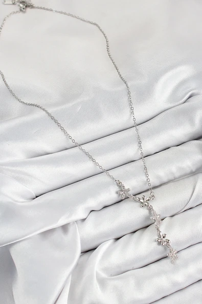 316L Çelik Zirkon Taşlı Çiçek Model Gümüş Renk Kadın Kolye - 2