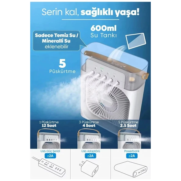 Taşınabilir Işıklı 5 Spreyli Vantilatör Buzlu Buharlı Vantilatör Mini Fan Nemlendirici - 2