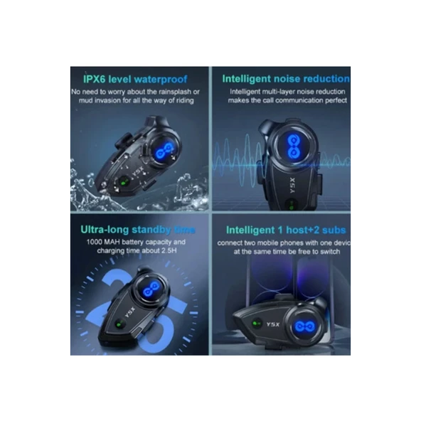 Y5x Rgb Işıklı Intercom 5 Kişi Bağlantılı 1000mah Motosiklet Bluetooth Kulaklık Seti - 3