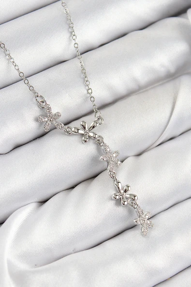 316L Çelik Zirkon Taşlı Çiçek Model Gümüş Renk Kadın Kolye