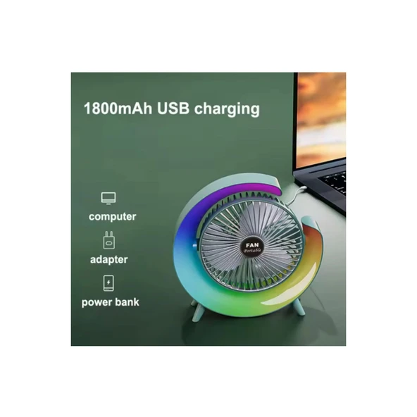 Masaüstü Vantilatör Usb Şarjlı Rgb Led Işıklı 3 Kademeli 180° Ayarlanabilir Soğutucu Fan Pembe - 2