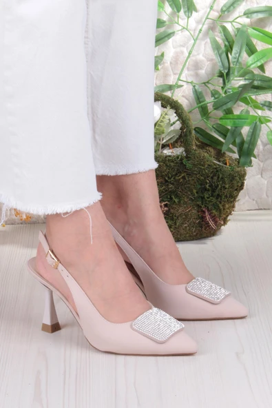 Fort 132-1333 Fls Saten Taşlı Toka Detaylı Arkası Açık Önü Kapalı Topuklu Kadın Ayakkabı - Resim 10