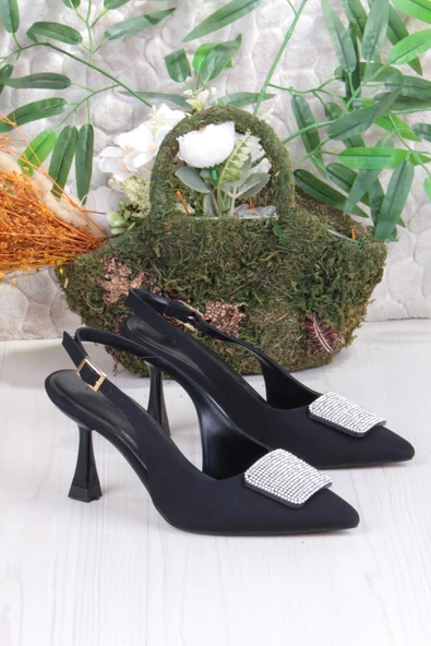 Fort 132-1333 Fls Saten Taşlı Toka Detaylı Arkası Açık Önü Kapalı Topuklu Kadın Ayakkabı - Resim 5