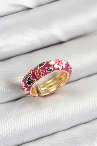 Pirinç Fuşya Mineli Çiçek Motifli Gold Renk Ayarlanabilir Kadın Yüzük ürün görseli