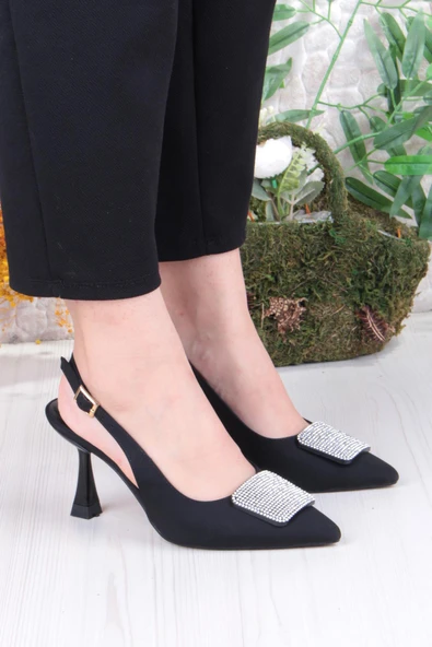 Fort 132-1333 Fls Saten Taşlı Toka Detaylı Arkası Açık Önü Kapalı Topuklu Kadın Ayakkabı - Resim 3