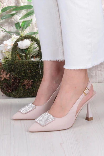 Fort 132-1333 Fls Saten Taşlı Toka Detaylı Arkası Açık Önü Kapalı Topuklu Kadın Ayakkabı - Resim 9