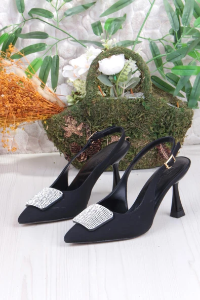 Fort 132-1333 Fls Saten Taşlı Toka Detaylı Arkası Açık Önü Kapalı Topuklu Kadın Ayakkabı - Resim 6