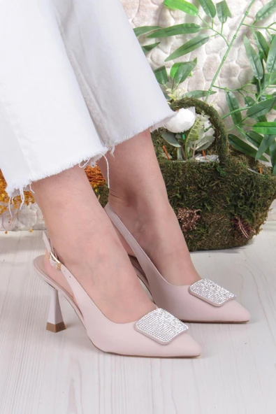 Fort 132-1333 Fls Saten Taşlı Toka Detaylı Arkası Açık Önü Kapalı Topuklu Kadın Ayakkabı - Resim 8