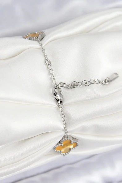 316L Çelik Sedefli Kehribar Sarı Gümüş Renk Yonca Kadın Bileklik - Resim 2