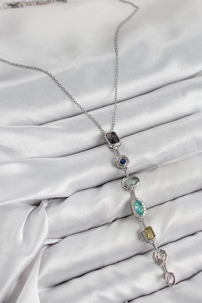 Pirinç Renkli Zirkon Taşlı Model Gümüş Renk 7 Element Kadın Y Kolye - Resim 2