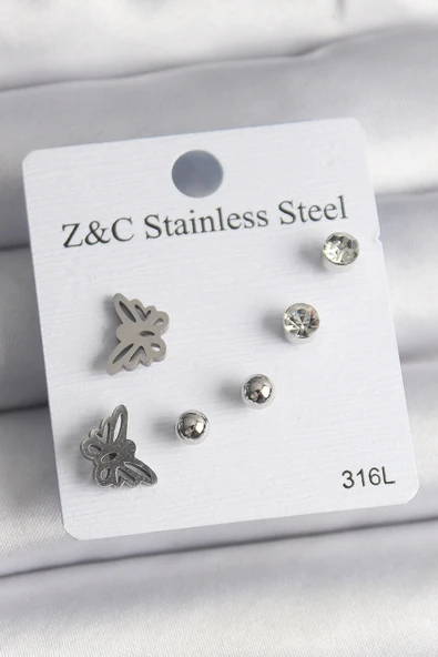 316L Çelik Gümüş Renk Zirkon Taşlı Kelebek Model Kadın Küpe Seti ürün görseli