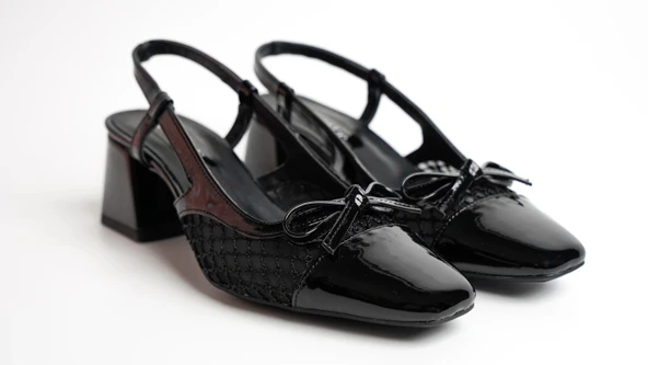 Assortie Siyah File Detaylı Rugan Slingback Topuklu Ayakkabı - 2
