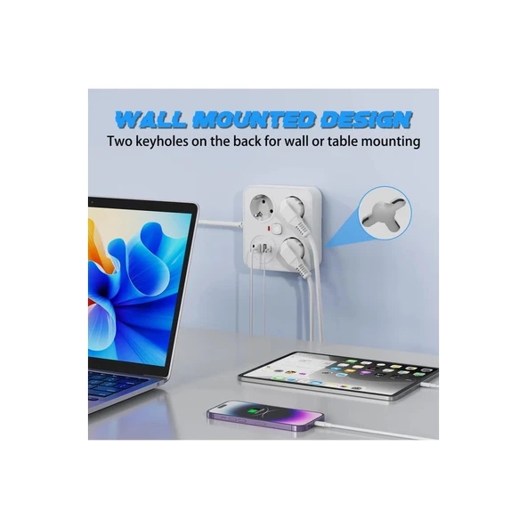 Akım Korumalı Anahtarlı Priz - 3x Priz - 2x Usb - 2x Type-c - 2 Mt Kablo Hızlı Şarj Özellikli Siyah - 4