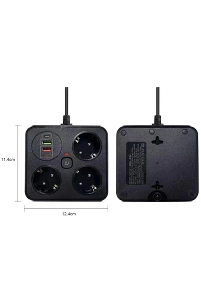 Akım Korumalı Anahtarlı Priz - 3x Priz - 2x Usb - 2x Type-c - 2 Mt Kablo Hızlı Şarj Özellikli Siyah - 8