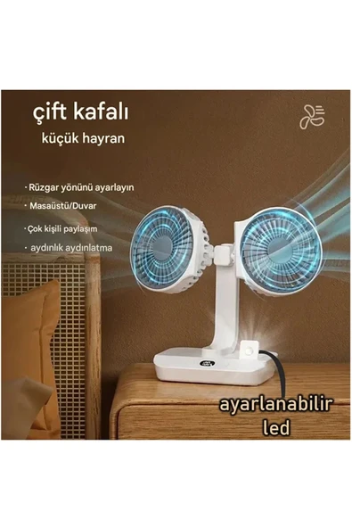 Masaüstü Dijital Ekranlı Çift Fanlı Led Işıklı Soğutucu Fan Ev Ofis Şarjlı Vantilatör ürün görseli 1
