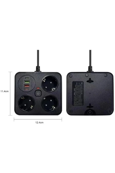 Akım Korumalı Anahtarlı Priz - 3x Priz - 2x Usb - 2x Type-c - 2 Mt Kablo Hızlı Şarj Özellikli Siyah - 8