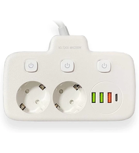 Akım Korumalı 2 li Ayrı Anahtarlı Priz, 2x Priz, 3x Usb, 1x Type-c, 2 Mt Kablo, Hızlı Şarj - 3