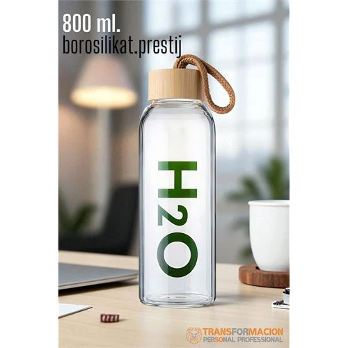 Transformacion Cam Matara - 800 Ml Bambu Kapaklı Borosilikat Cam Matara - Ofis Matarası - 1