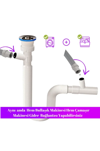 DESIPHON Çift Girişli Lavabo Sifonu – Bulaşık ve Çamaşır Makinesi Uyumlu | Sızdırmaz ve Dayanıklı Yapı - 2