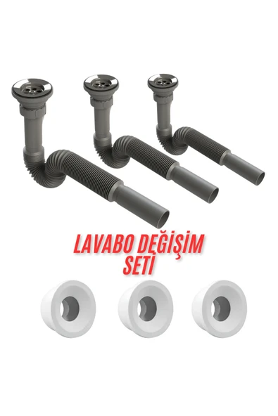 DESIPHON 3 Adet Gri Lavabo Sifonu ve Conta Seti – Komple Ev Lavabo Değişim Seti Yüksek Kalite