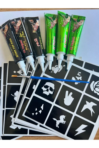 3 siyah 3 Kırmızı Kına 81 model kalıp Hediyeli Geçici Dövme Kına Seti ürün görseli 1