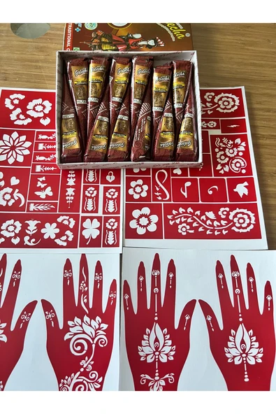 Golecha 12 adet Doğal Kına rengi ve 4 sayfa el vücut süsleme şablonu hediyeli