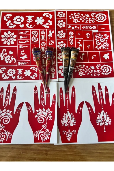 2 siyah 2 kına rengi 4 tüp kına ve 4 sayfa kalıp seti ürün görseli 1