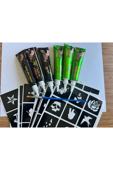 3 siyah 3 Kırmızı Kına 81 model kalıp Hediyeli Geçici Dövme Kına Seti - Resim 3