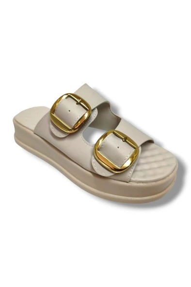 Şanzelize K105-25 Deri Anatomik Çift Bant  Dolgu Taban Kadın Terlik - 4