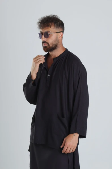 Keten Kumaş Oversize Siyah Tasarım T-Shirt - 1